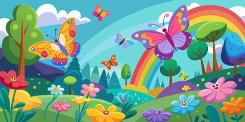 A bright and cheerful scene with butterflies, flowers, a rainbow, and a sunny sky, creating a joyful and playful atmosphere.