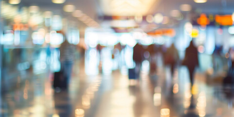Blurred background of a modern airport. Abstract motion, blurred people moving suitcases, signs and lights in background. Travel concept.