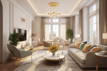 Interior design. Computer Generated Image Of Modern apartment living room. Architectural Visualization. 3D Render.
