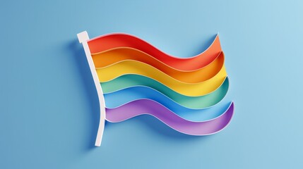 Colorful 3D paper art of a rainbow flag waving on a blue background, symbolizing pride and diversity in a creative manner. pride month concept.