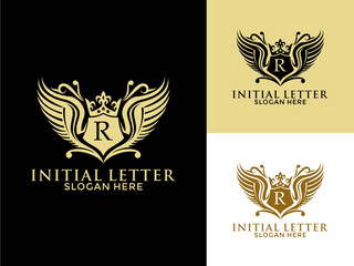 Luxury royal wing Letter R Logo vector, Luxury wing crown emblem alphabets logo design template