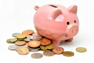 A pink piggy bank with coins on the ground