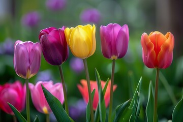 Obraz premium Colorful tulips in garden with blurred background