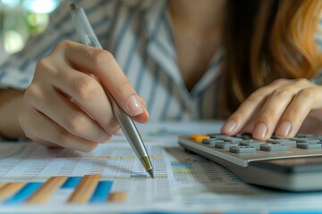 Person calculating with calculator and pen