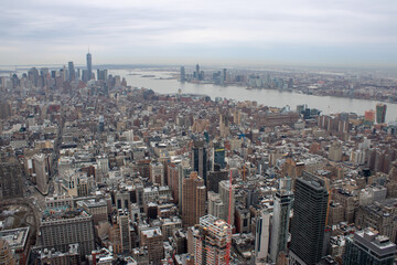 Aerial view of Manhattan in New York City showing the classic high rise buildings and city scape in...