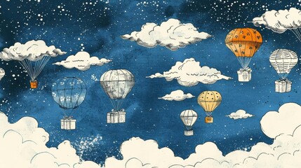 Flat minimalistic style illustration of a blue sky with multiple small, white parachutes carrying fluffy clouds and colorful gift boxes, soft pastel background