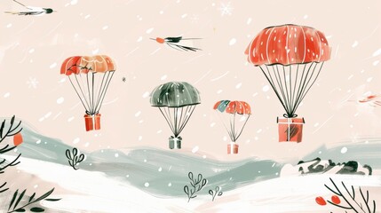 Gentle ascent of gift boxes in festive reds and greens, each attached to a white parachute, floating across a soft, snowy white background