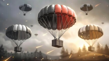 Illustration of colorful parachutes carrying elegant gift boxes, styled in flat minimalism against a soft gradient sky from dawn to dusk colors