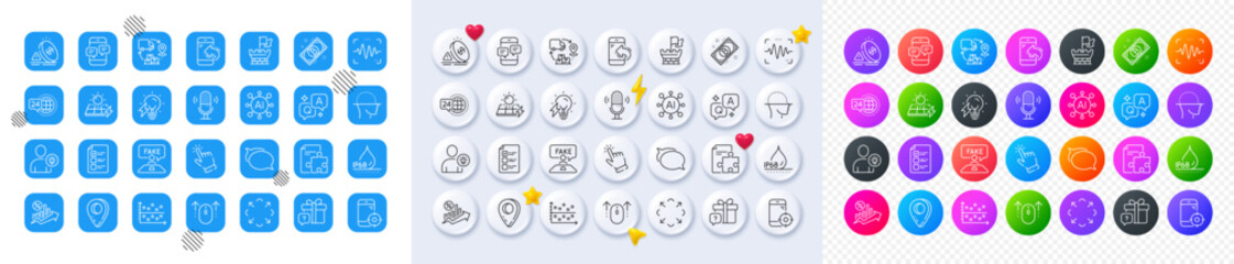 Secret gift, Voice wave and Cursor line icons. Square, Gradient, Pin 3d buttons. AI, QA and map pin icons. Pack of Supply chain, Seo phone, 24h service icon. Vector