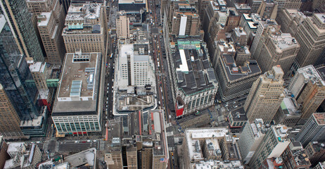 Aerial view of Manhattan in New York City showing the classic high rise buildings and city scape in...