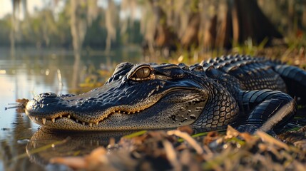 Obraz premium Close-up shot of an alligator in the water. Suitable for nature and wildlife themes