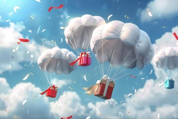 Simple, clean illustration of white parachutes and pastel gift boxes flying across a soft mint green sky, perfect for serene wallpaper