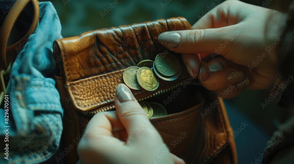 Poster a person is shown putting coins in a wallet. ideal for financial concepts