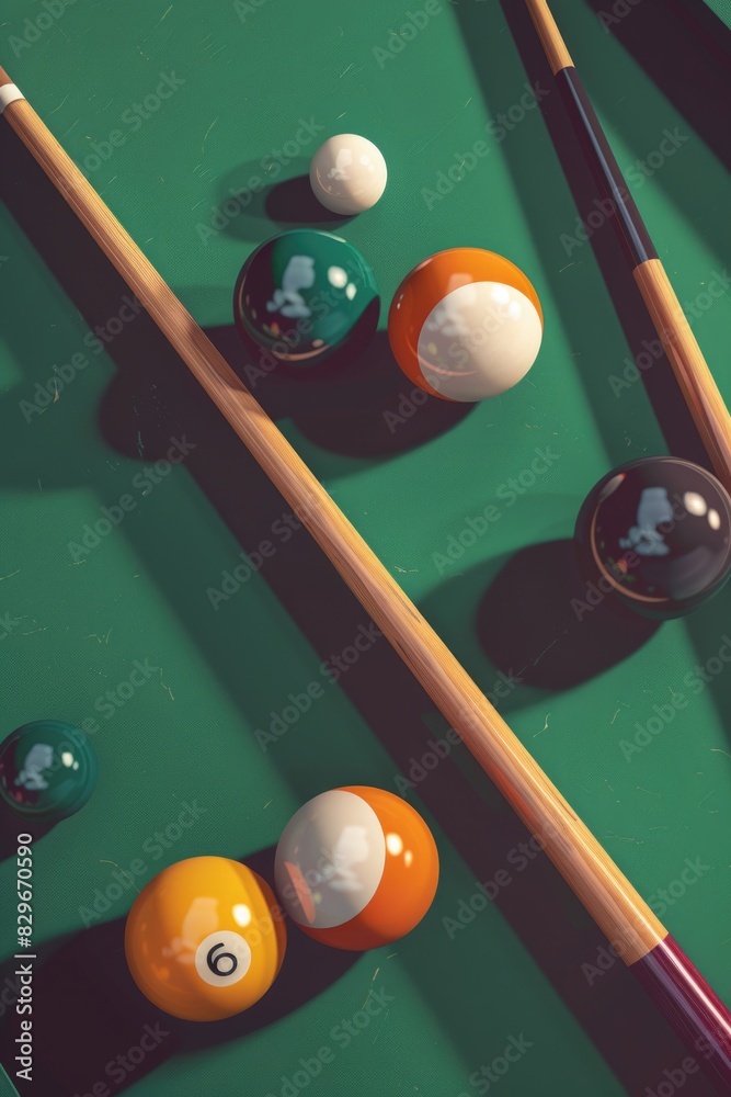 Poster a pool table with various colored balls and cues. ideal for sports and leisure concepts
