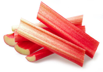 Rhubarb stems' cuts isolated on white background.