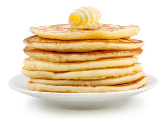 Stack of pancakes with butter swirl on top on white plate. PNG transparent background.