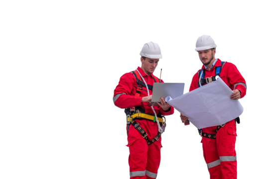 Engineer factory electrical using a notebook computer and blueprint standing at a power station planning work producing electrical energy with white background.