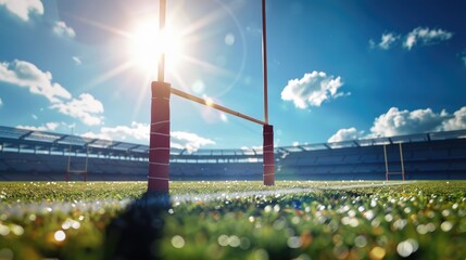 A rugby field with a goal post in the middle. Suitable for sports and outdoor activities
