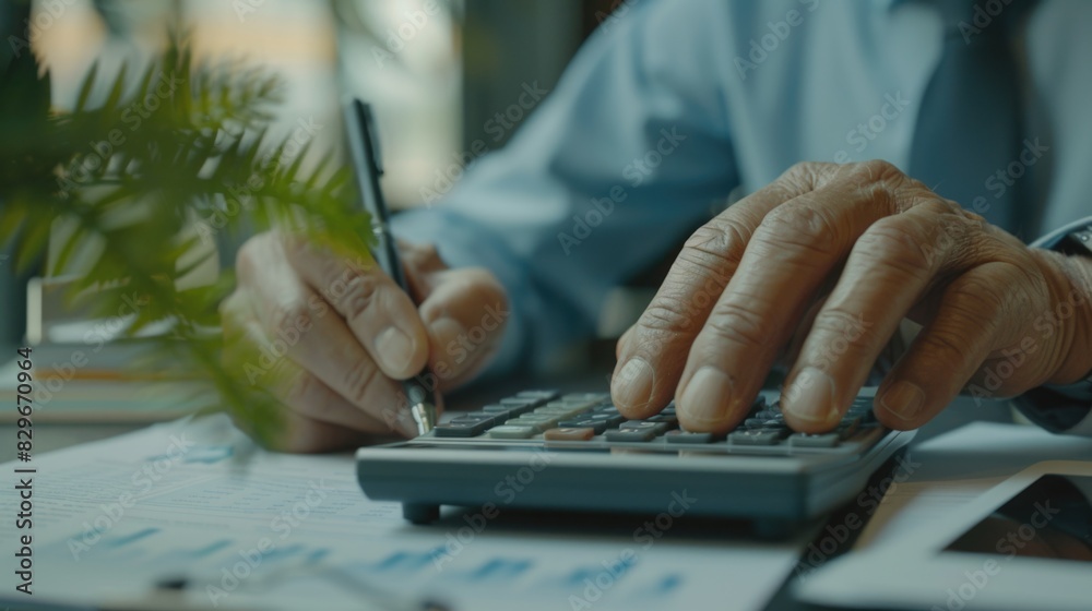 Poster Close up of a person using a calculator, suitable for financial concepts