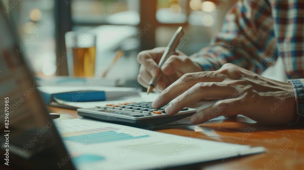 Poster A person working on a laptop while using a calculator. Suitable for business and finance concepts