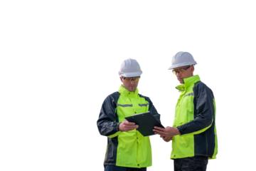 Engineer wearing uniform inspection and see detail on tablet with logistics container dock cargo yard with working crane bridge in shipyard with white background.