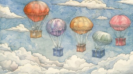 Softhued background showcasing a series of flying gift boxes in vivid colors, suspended by white parachutes among fluffy, light gray clouds