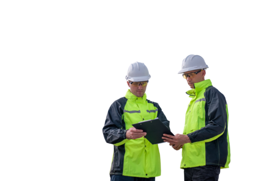 Engineer wearing uniform inspection and see detail on tablet with logistics container dock cargo yard with working crane bridge in shipyard with white background.