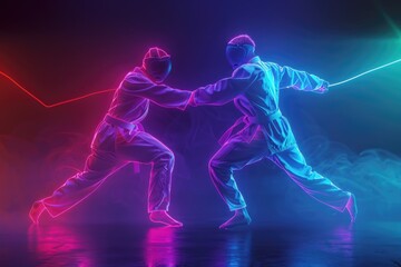 Obraz premium Two men engaged in a fencing match. Suitable for sports and competition concepts