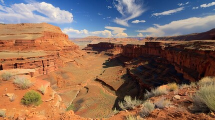 Grand Canyon on a sunny day with blue sky. Beautiful landscape for design. Nature and travel concept.