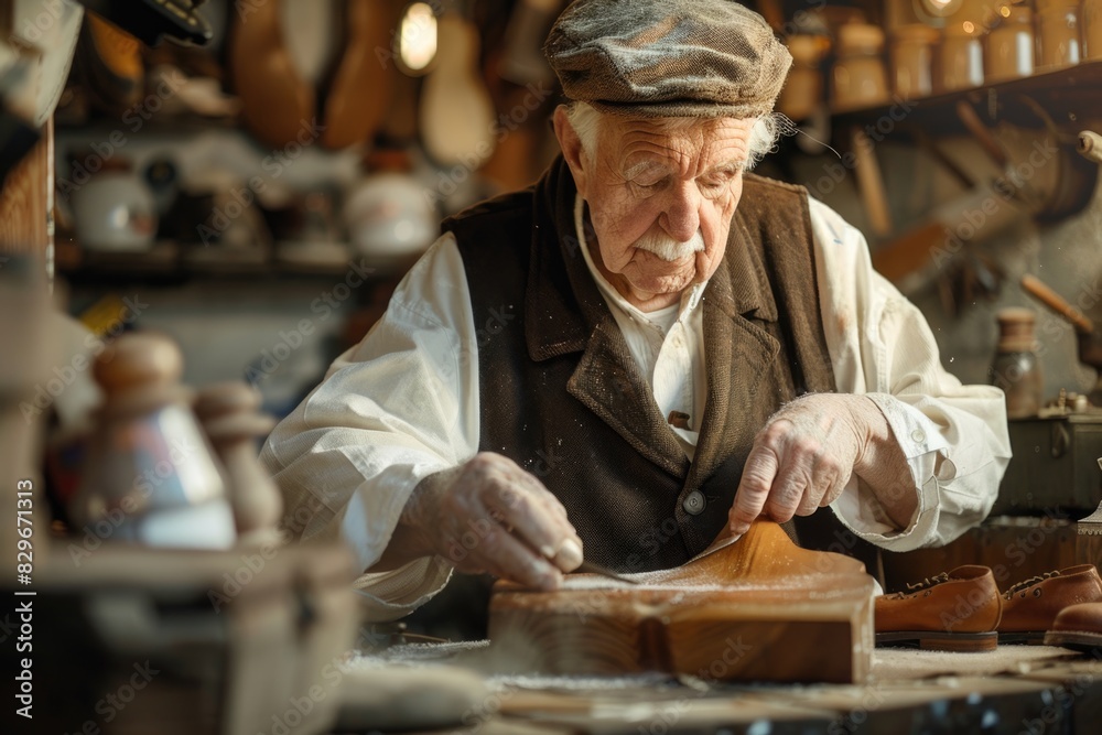 Poster a man focused on carving wood in a workshop. suitable for woodworking or craftsmanship concepts