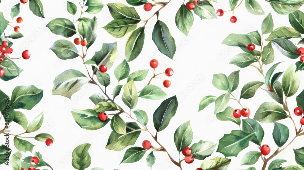 Aufkleber Red berries and green leaves arranged in a pattern on a white background. Suitable for various design projects