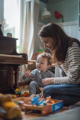 Fototapeta premium A woman interacting with a child on the floor. Ideal for family and childcare concepts
