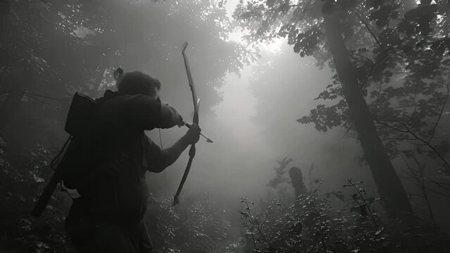 An archer stands amidst a misty forest, drawing a bow. The scene evokes an ancient, mysterious ambiance