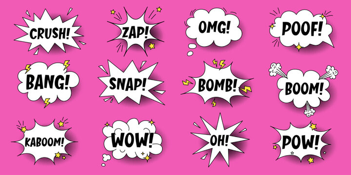 A set of speech bubbles with expressive inscriptions, clouds and explosions in a comic style on a bright pink background. Retro banner in pop art style with halftone shadows, doodle element. 
