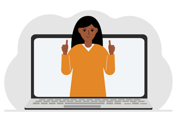 Woman communicates via videoconference through laptop screen. The concept of online meetings, webinars, remote work or work from home. Flat vector illustration