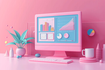 3D model. Image of a cute computer with a web page on the screen. Financial charts and graph icons