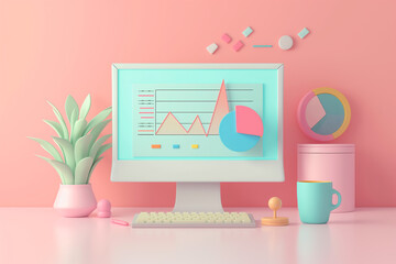 3D model. Image of a cute computer with a web page on the screen. Financial charts and graph icons