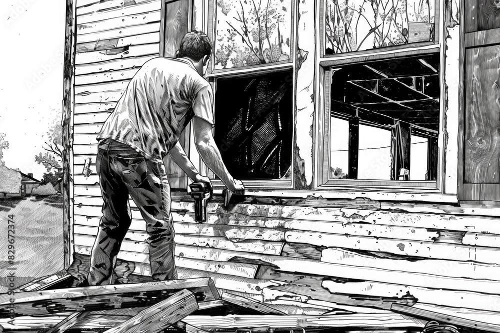 Poster detailed black and white drawing of a man working on a house. suitable for architectural and constru