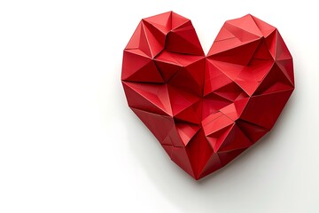 A vibrant red paper origami heart is displayed against a clean white background