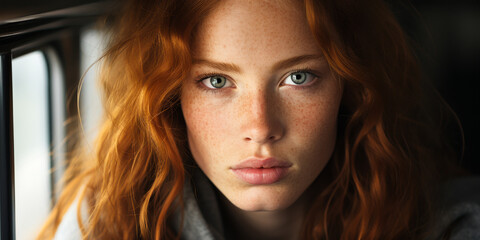 Intense Gaze of Young Red-Haired Woman with Freckles, Expressive Eyes Capturing Natural Beauty and Individuality in Close-Up Portrait