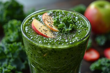 Kale and Apple Smoothie - Rich green color with kale leaves and apple slices as garnish. 
