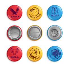 Realistic pin button animal badges collections stylized bird wolf eagle and bear
