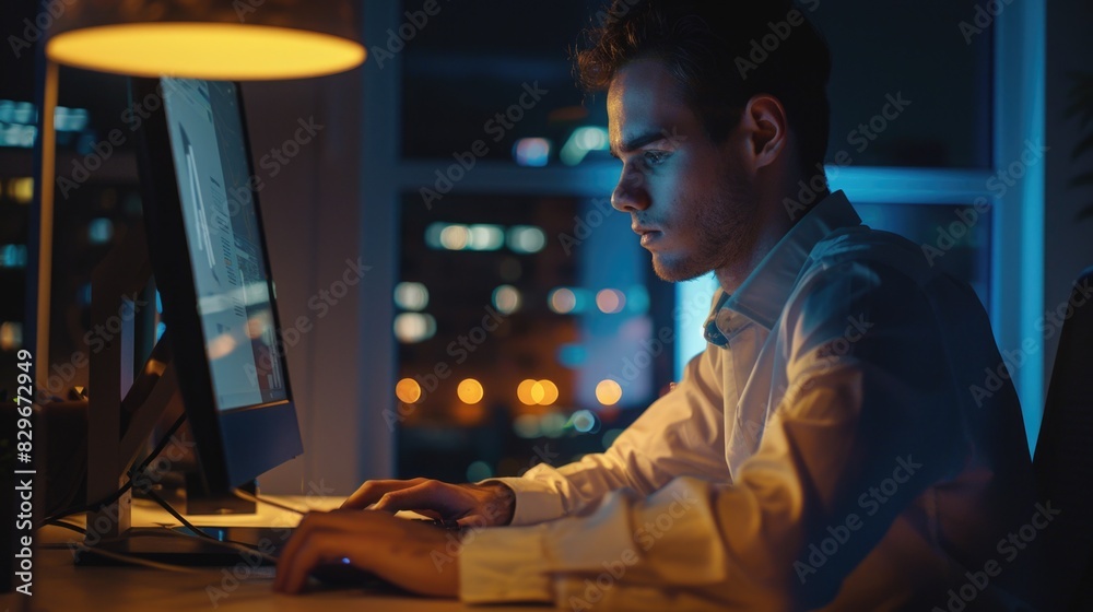 Poster A man sitting at a desk using a computer. Suitable for business and technology concepts