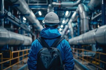 Fototapeta premium A young engineer wearing a hard hat and backpack walks through a modern industrial facility. He is looking at the pipes and machinery.