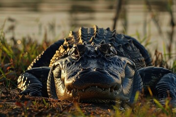 Close up of an alligator laying in the grass. Suitable for wildlife and nature concepts - Powered by Adobe