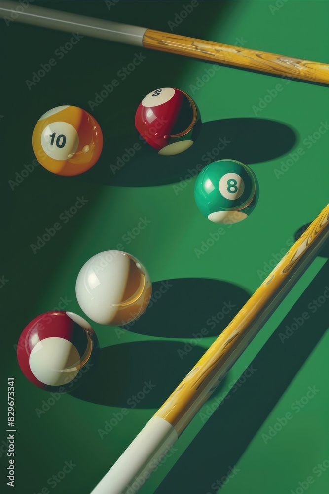 Poster a pool table with several billiard balls and a cue. suitable for sports and leisure concepts