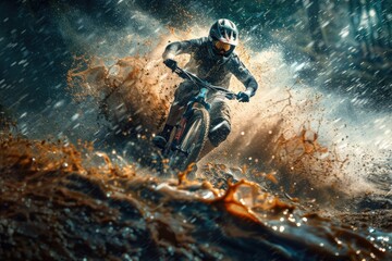 Action shot of a man riding a dirt bike through a water puddle. Suitable for outdoor sports and adventure concepts