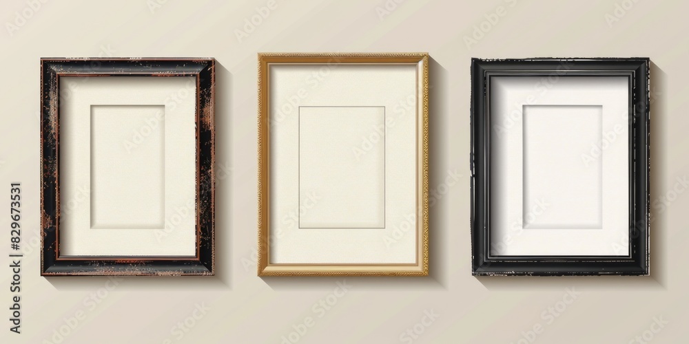 Poster Three empty frames on a white wall. Ideal for interior design concepts