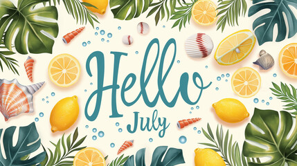 Background featuring summer elements like lemonade, seashells, and tropical leaves on the sides, in the center the text "Hello July" in bold, modern font