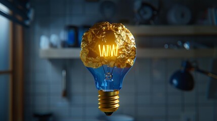 3D illustration of a floating crumpled paper light bulb, symbolizing creative brainstorming, rendered in flat minimalstyle against a soft, muted background